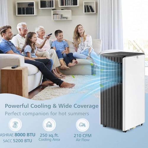 GOFLAME Portable Air Conditioner 8000BTU, 3-in-1 AC Cooling Unit with Dehumidifier, 24H Timer, Remote Control, Standing Air Conditioner Cools Rooms up to 250 Sq.Ft, Black