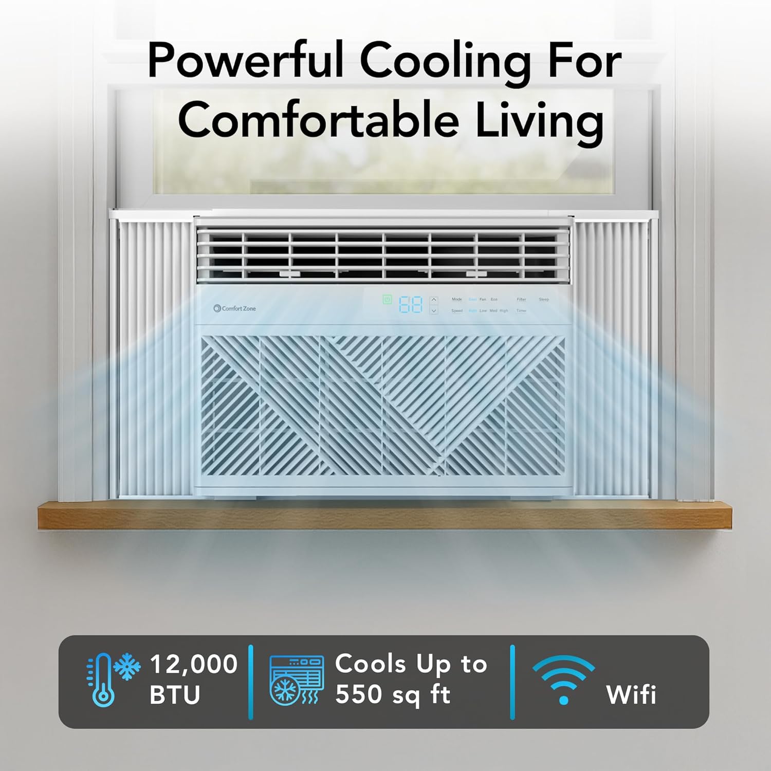 Comfort Zone Window Mounted Smart Wi-Fi Room Air Conditioner with Remote Control, 12,000 BTU, Digital Display, 4 Speed Settings, 4 Mode Settings, 24-Hour Timer, Sleep Setting, and Eco Mode, White