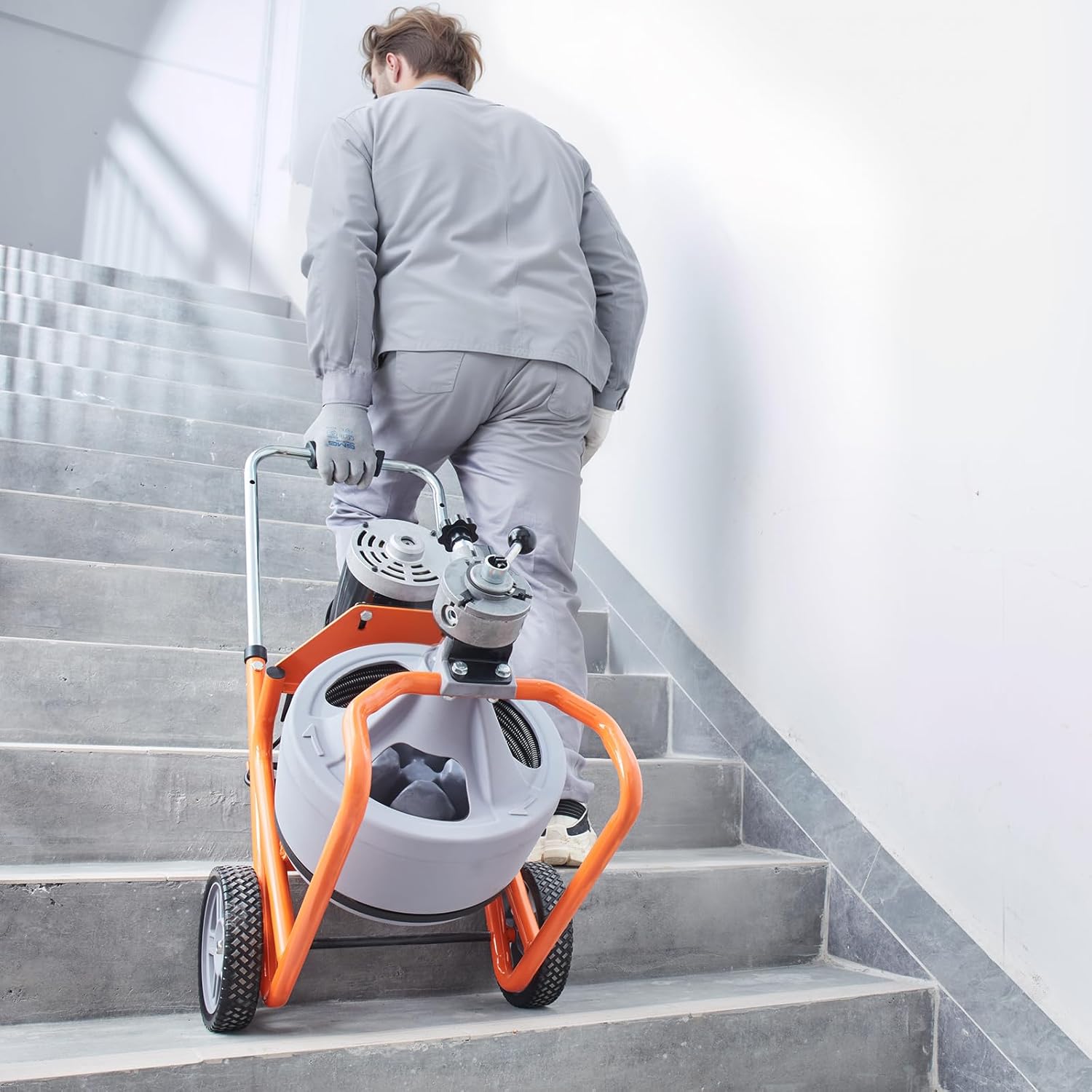 VEVOR Drain Cleaner Machine 75FT x 3/8 Inch, Auto Feed Sewer Snake Drain Auger on Wheels, Portable Drain Cleaning Machine with 8 Cutters & Air-activated Foot Switch for 2