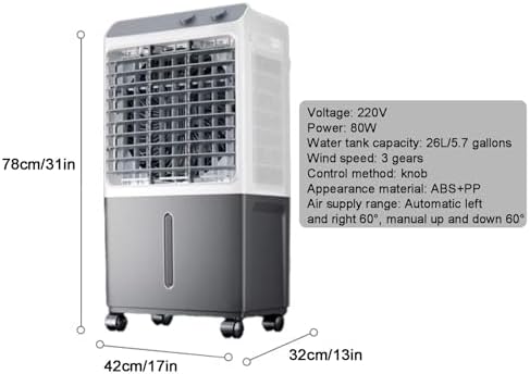 Evaporative Cooler, Knob Type Swamp Cooler, Portable Air Conditioners with 4 Ice Crystals, 3 Speed, 120° Oscillation for Room, Patio, Garage(78cm/31in)
