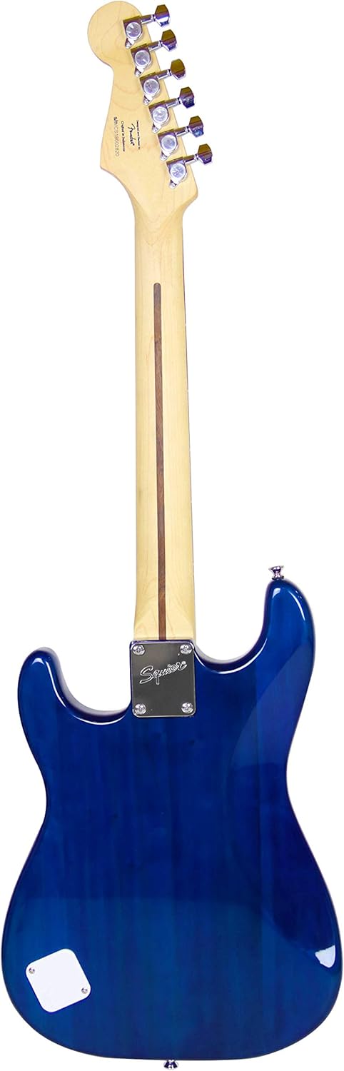 Squier by Fender Short Scale Stratocaster Pack with Frontman 10G Amp, Cable, Strap, and Picks - Blue