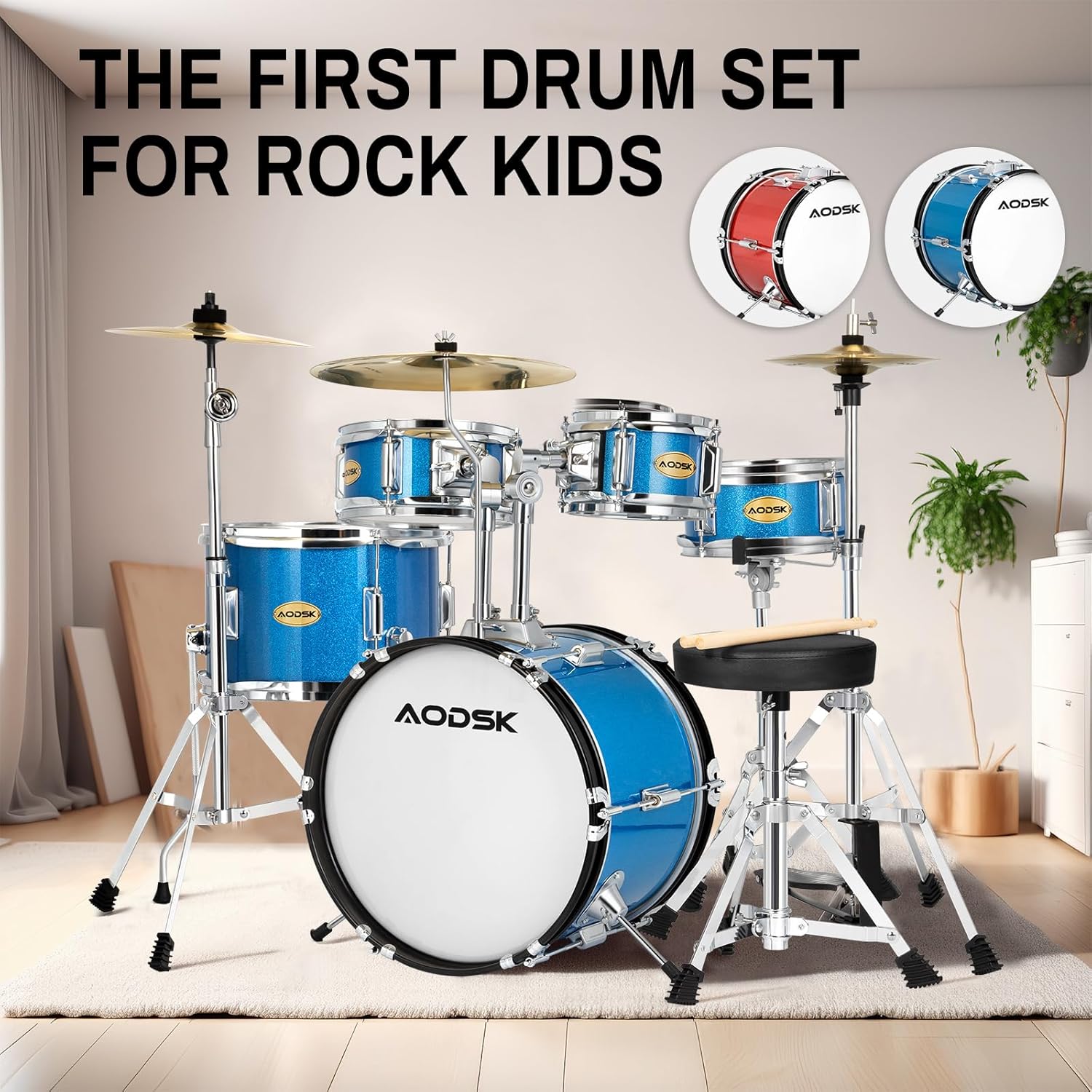 AODSK Drum Sets 5-Piece for Beginners, 14 inch Full Size Complete Drum Kit with Adjustable Throne, Cymbal, Hi-Hat, Pedal & Drumstick
