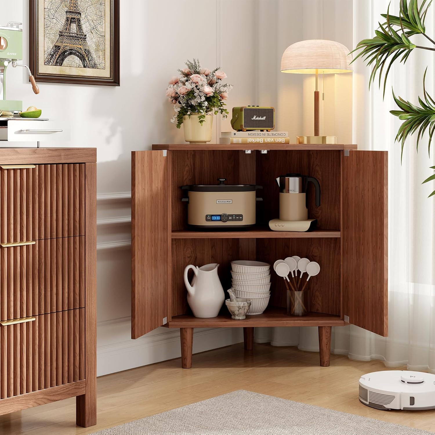 Fluted Floor Corner Kitchen Cabinet with Door, Wooden Freestanding Small Floor Cabinet Organizer, Side Storage Organizer for Living Room, Dining Room, Bathroom Walnut