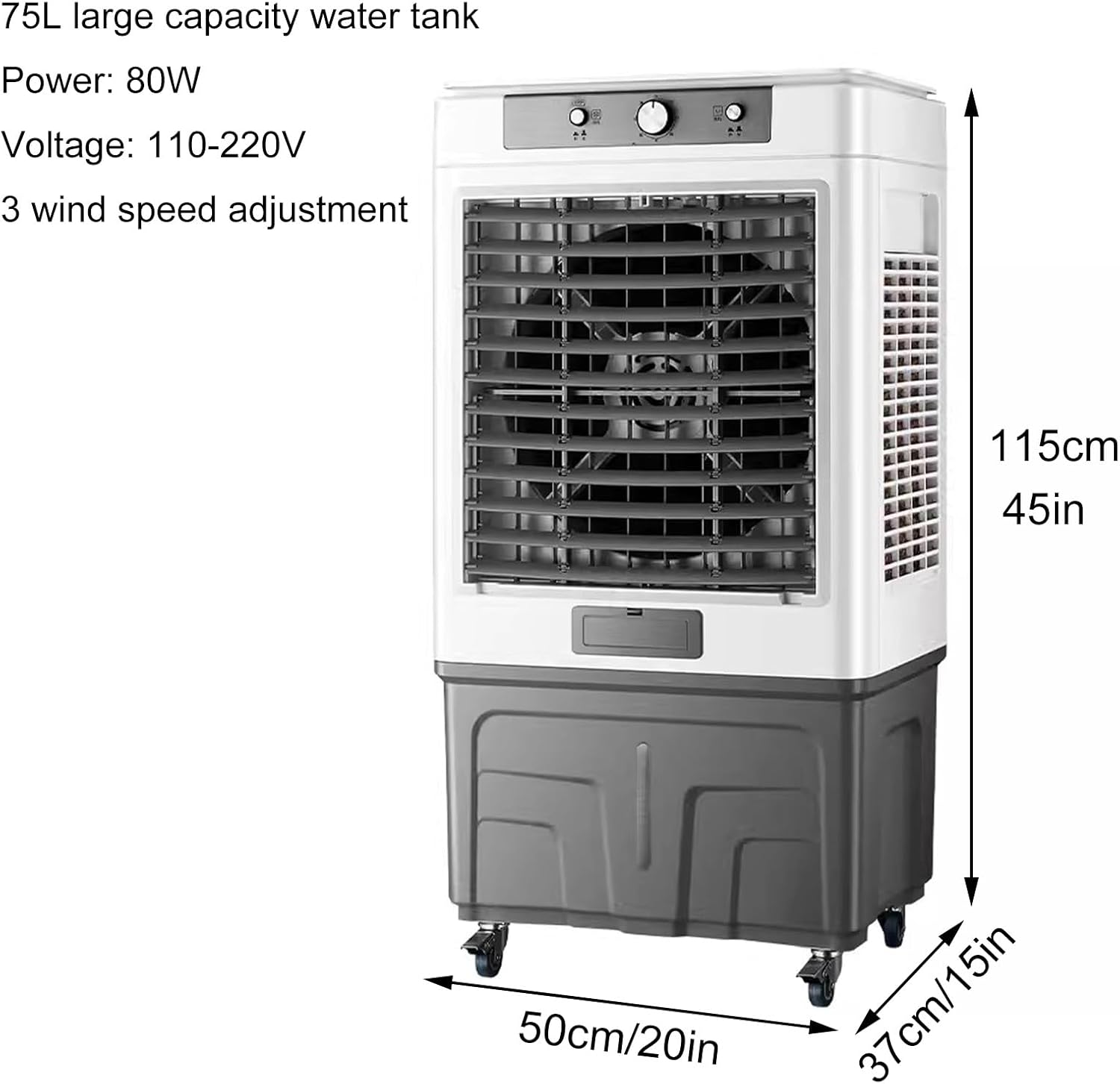 Swamp Cooler, Evaporative Air Cooler, 75L Large Capacity Water Tank, Outdoor Air Conditioner, 3 Speed, 5 Ice Boxes, for Indoor & Outdoor Garage, Patio, courtyard, factory Workshop