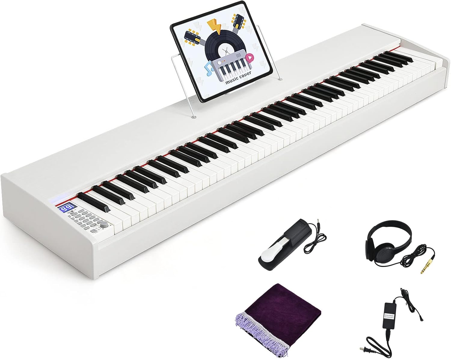 Safeplus Digital Piano 88 Key Full Size Weighted Keyboard, Electric Piano Portable with Sustain Pedal Power, Supply for Beginner Adults Practice (White)