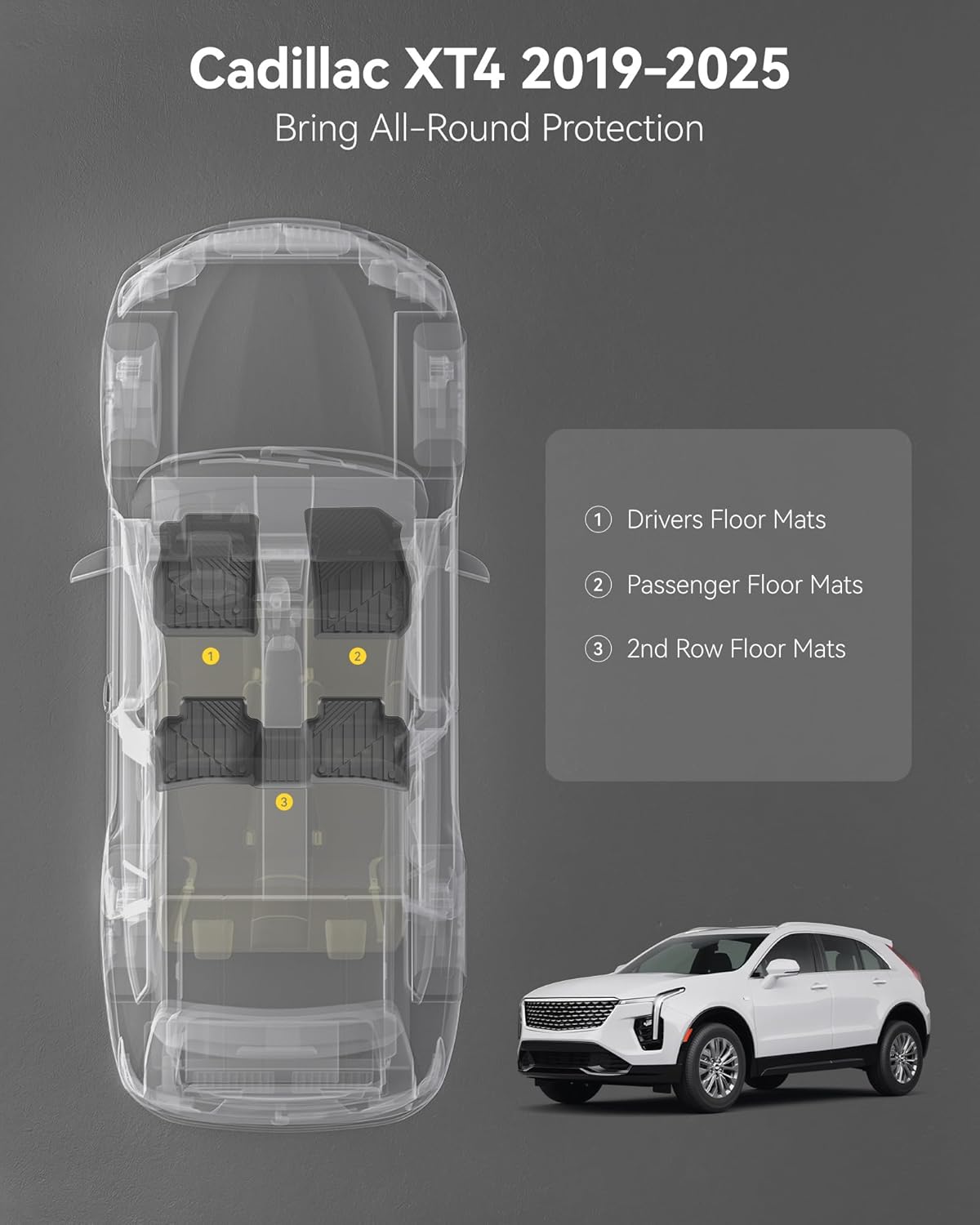 3W Floor Mats for Cadillac XT4 2019-2024 2025, Custom Fit TPE All Weather Car Accessories Cadillac Xt4 Floor Liner, 1st and 2nd Row Car Mats Black