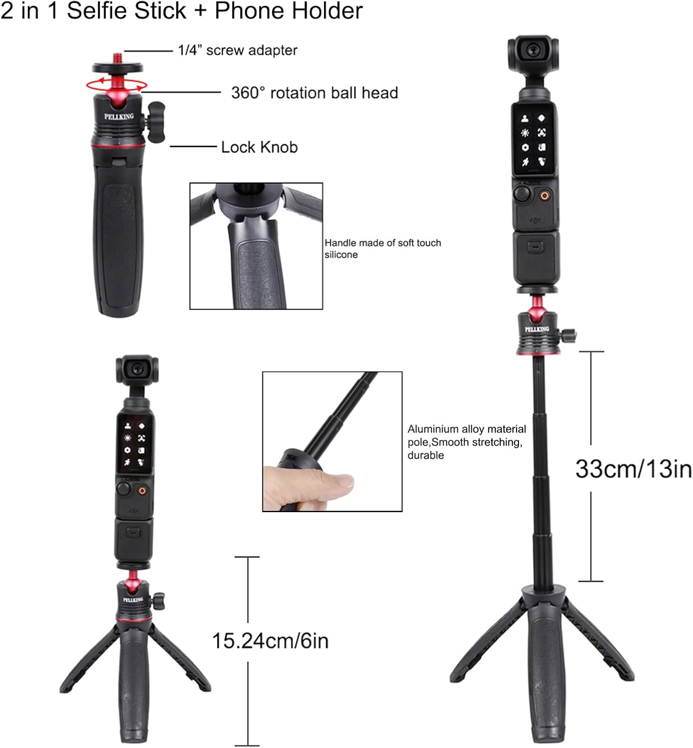 PellKing Accessories Kit for Osmo Pocket 3,Included Carrying Case,Magnetic Mount,Phone Monitor Holder,Selfie Stick,Mini Tripod,Desk Support Mount,Shoulder Strap,Chest Strap,Screen Protector,and Other