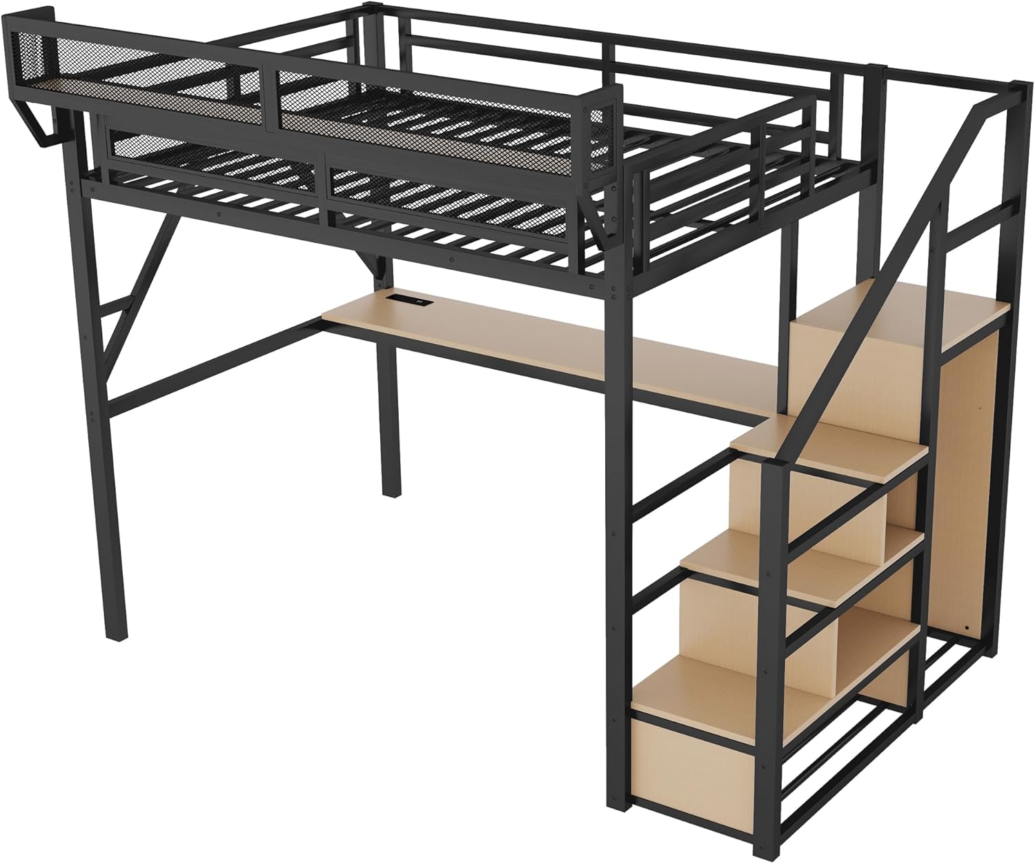 Full Loft Bed with Desk and Charging Station, Full Size Metal Loft Bed with Stairs and Light for Kids Teens, Black, Patent Products