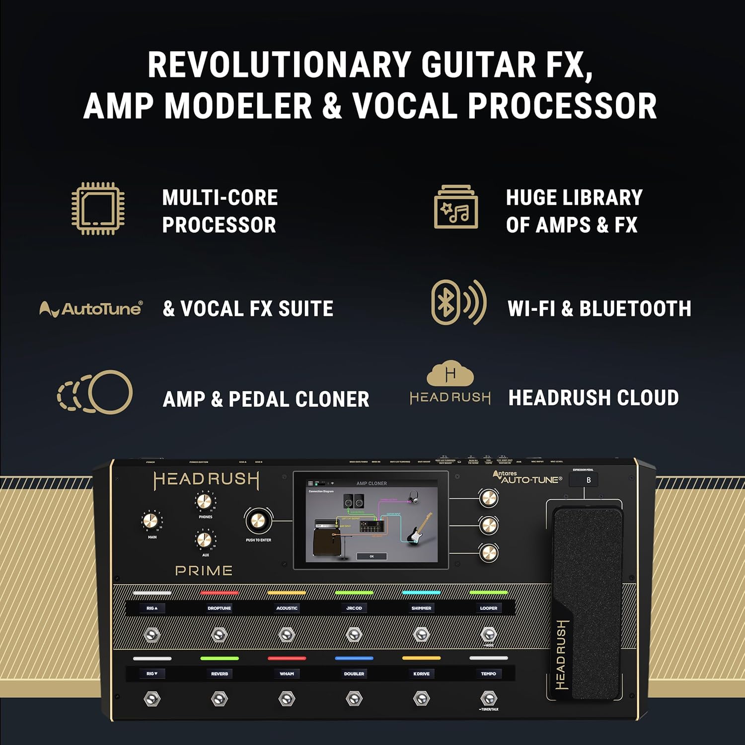 HeadRush Prime - Guitar and Vocal Multi Effects Pedal and Amp Modeling Processor with Amp Cloner, Antares Auto-Tune, WiFi, Touchscreen, Looper and Bluetooth