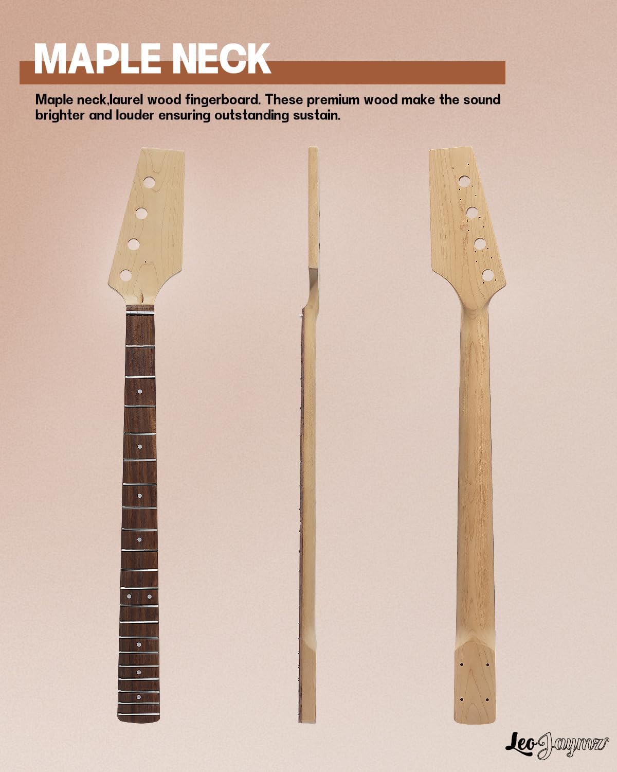 Leo Jaymz DIY Electric Bass Guitar Kits - Mahogany Body, Roasted Maple Neck and Laurel Wood Fingerboard - Fully Components Included (JB)