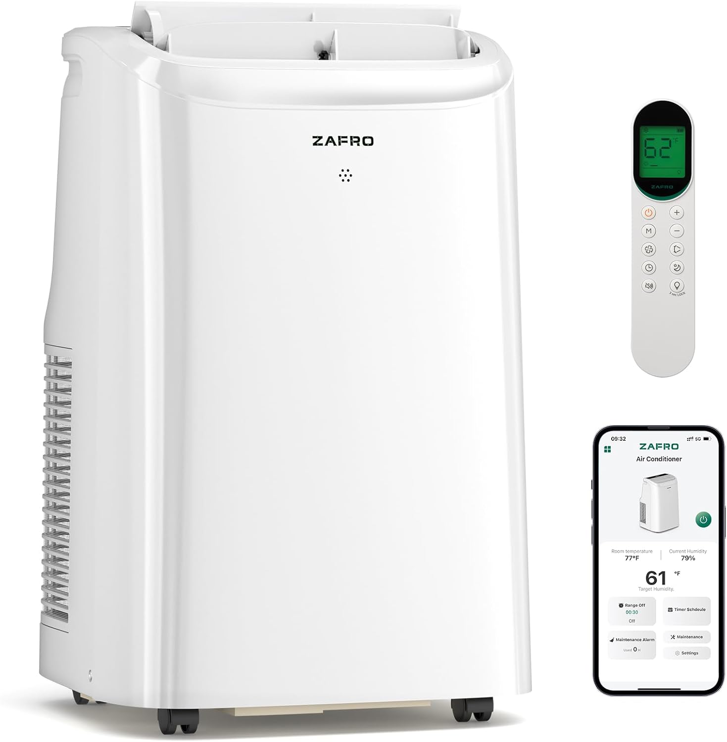 ZAFRO Portable Air Conditioners 10000 BTU (6000 BTU SACC), Portable AC with Fan & Dehumidifier, 24Hrs Timer with APP/Remote/Timer/LED Display