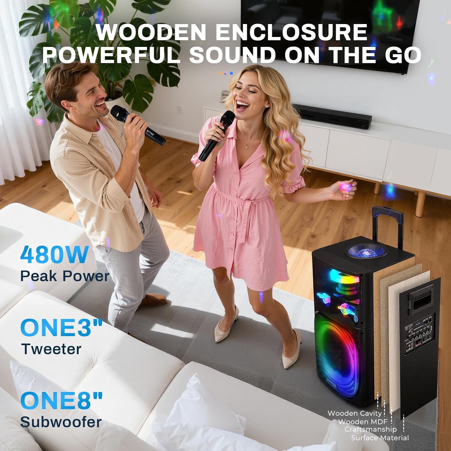 Karaoke Machine for Adults with 2 Wireless Microphones, Professional Portable Party Speaker with Disco Ball Lights, 480W Peak Power, 8