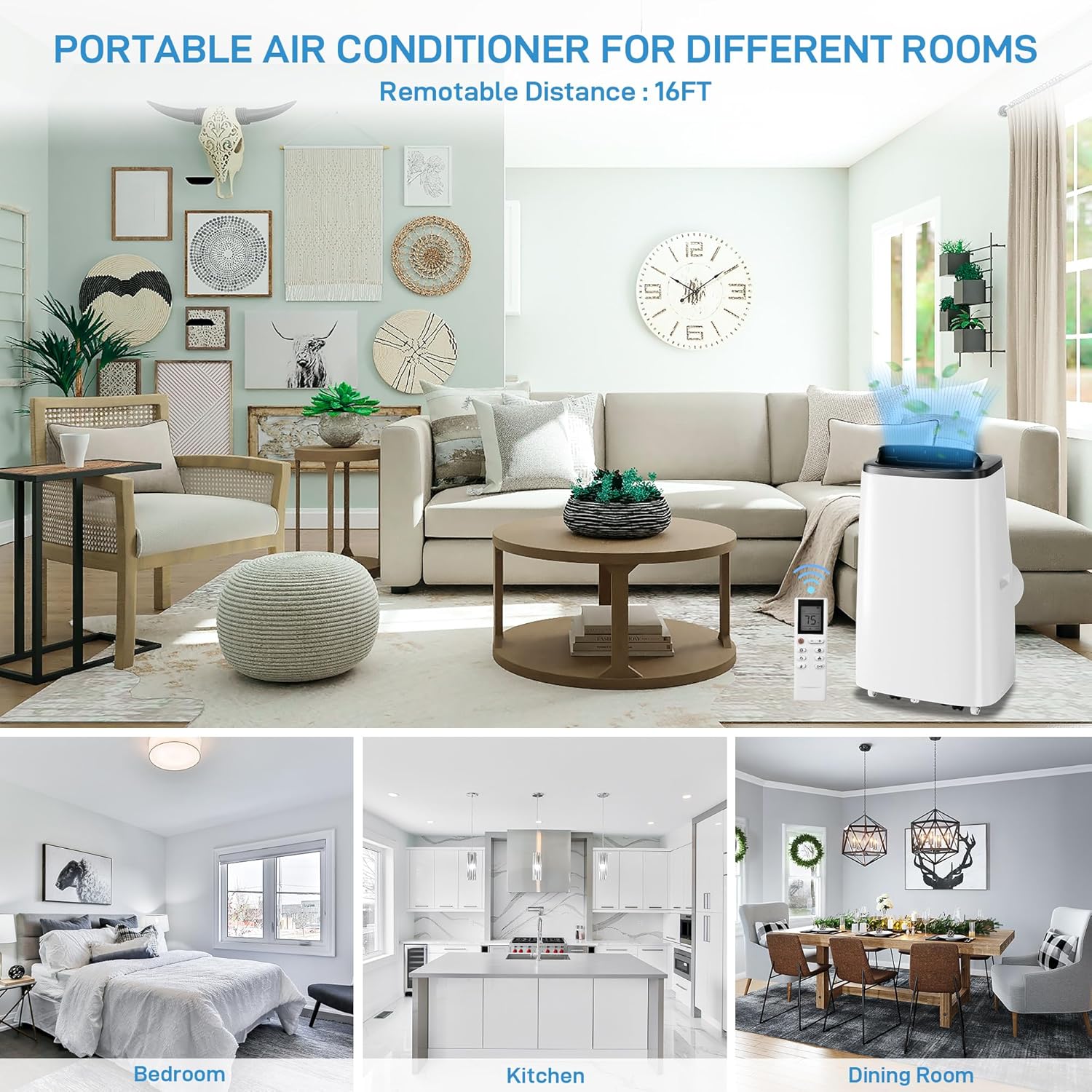 14000 BTU Portable Air Conditioners, 3-in-1 Cooling Dehumidifier & Fan Mode for Rooms Up to 750 Sq. Ft, Remote Control, Sleep Mode, Low Noise,24H Timer, 3 Speed, Auto Swing for Home,Totel