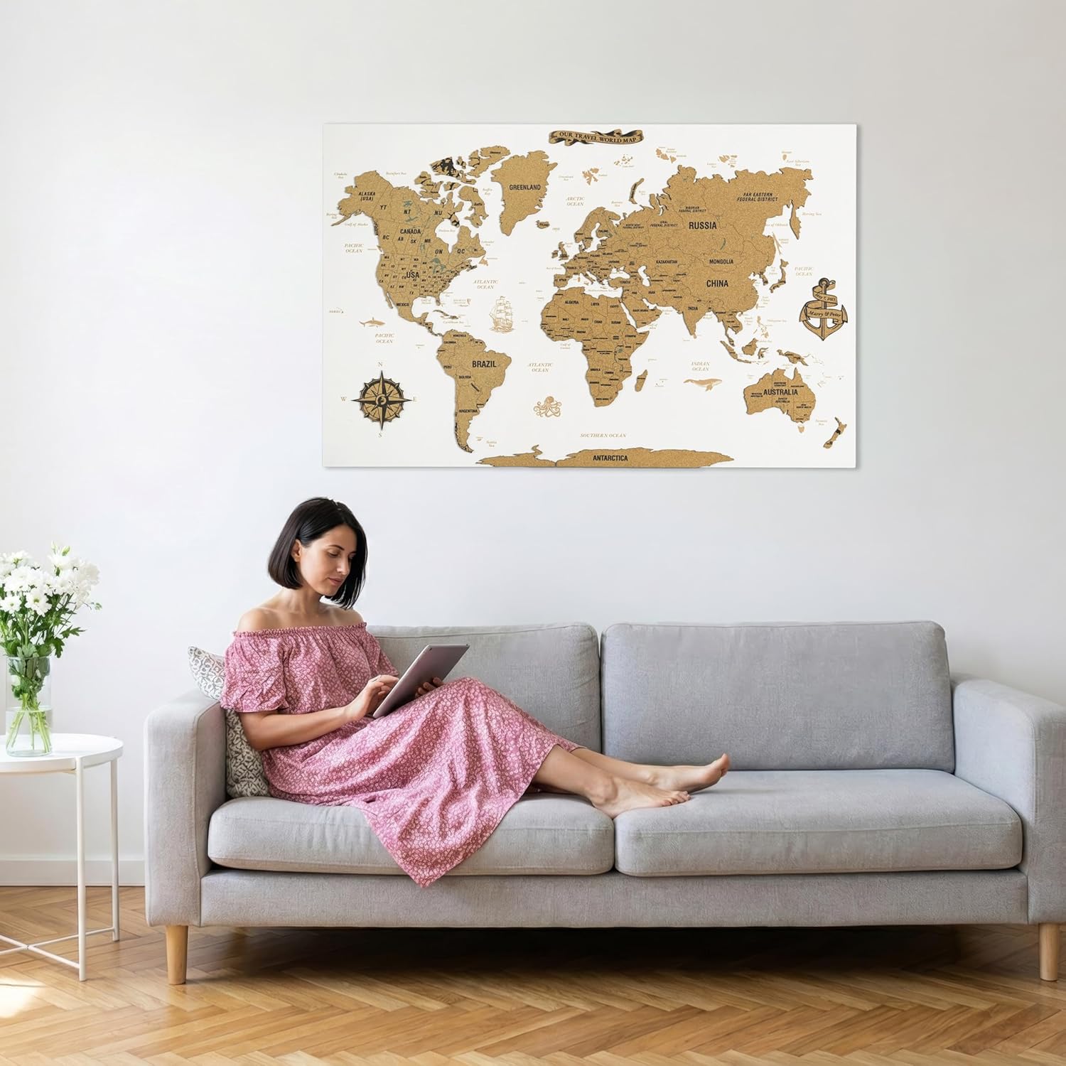 Colorfull Worlds Unframed White Cork World Map Wall Art – 35 x 23 inches – 1-Piece Design – Travel Pin Board – Modern Office & Home Decor