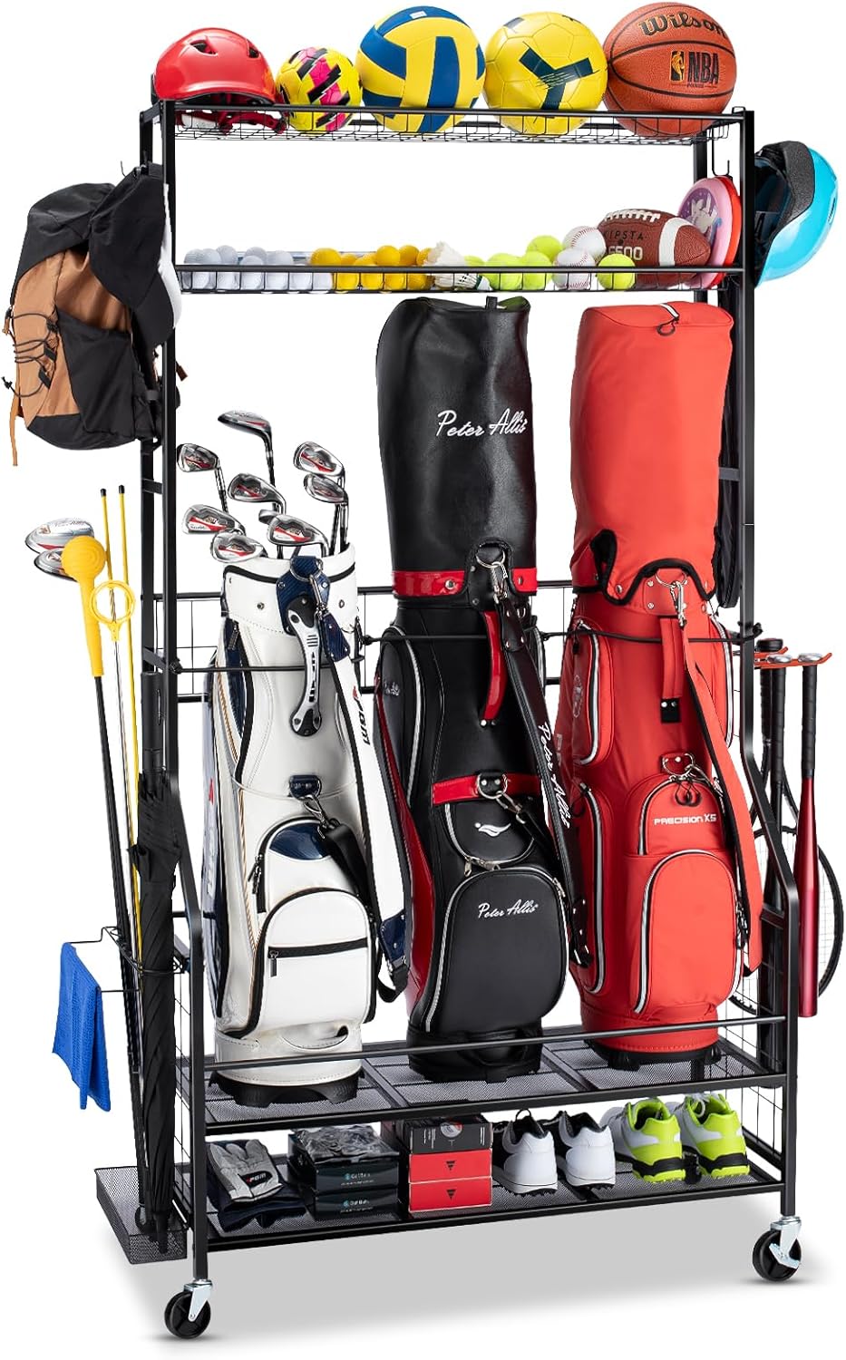 Golf Bag Storage Garage Organizer, 3 Golf Bag Stand and Sports Equipment Storage Rack for Garage with Wheels, 4 Hooks, Golf Accessories Storage Rack with Extra Golf Clubs Display Rack
