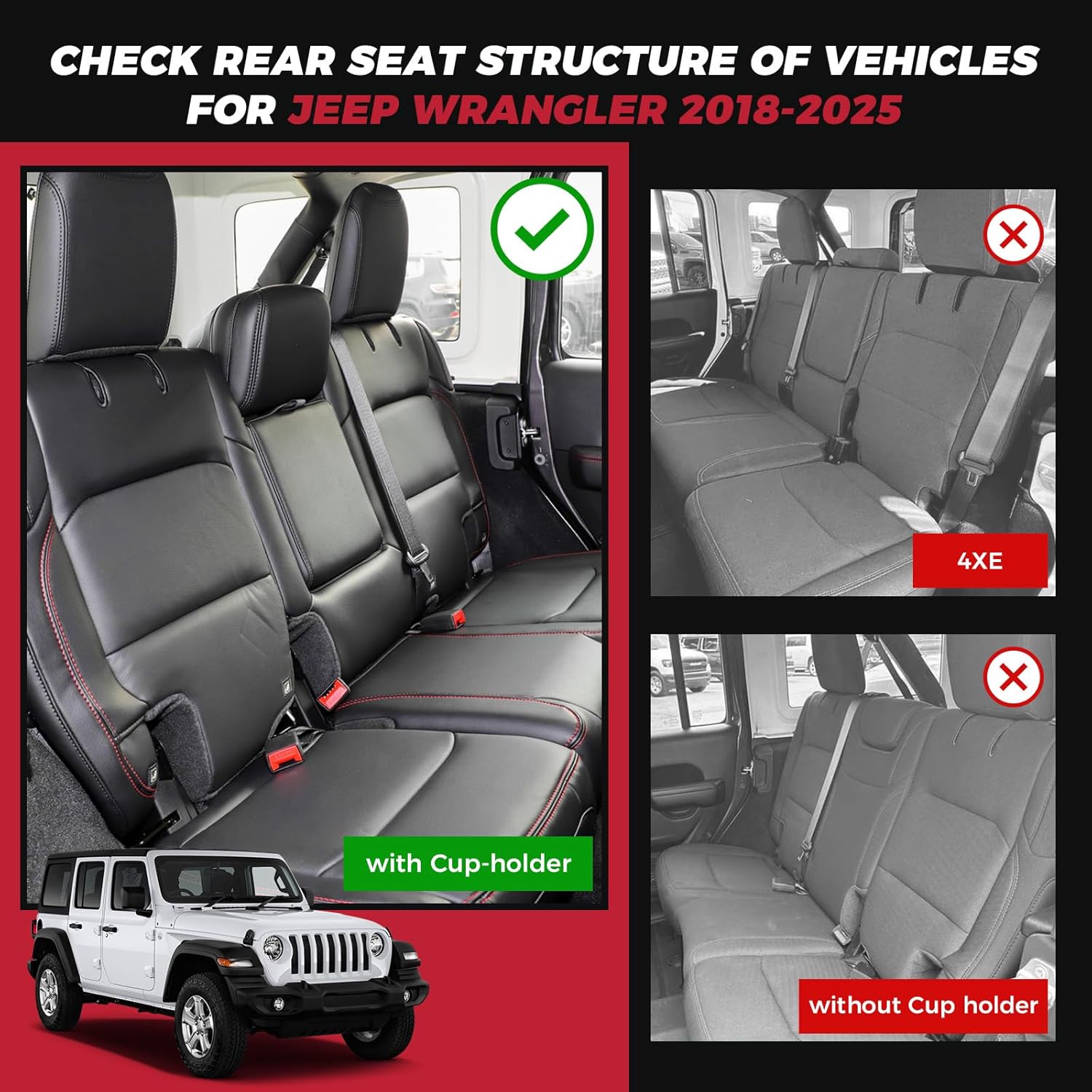 FREESOO Custom Seat Covers Full Set for Jeep Wrangler 4 Door 2018-2025 JL Accessories Sahara Altitude Rubicon 392 X High Altitude Unlimited, with Rear Cup Holder (Black)