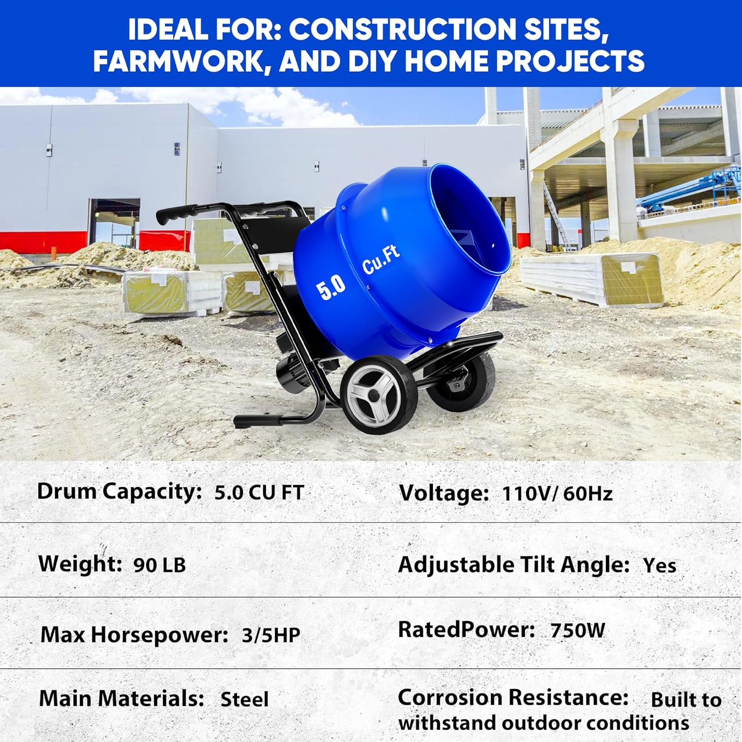 Electric Concrete Mixer, 5.3 Cubic Ft, 1HP. 750W Portable Electric Poly Drum Concrete Mixer, Heavy Duty Power Cement Mixing Machine for Mortar, Stucco and Fodder