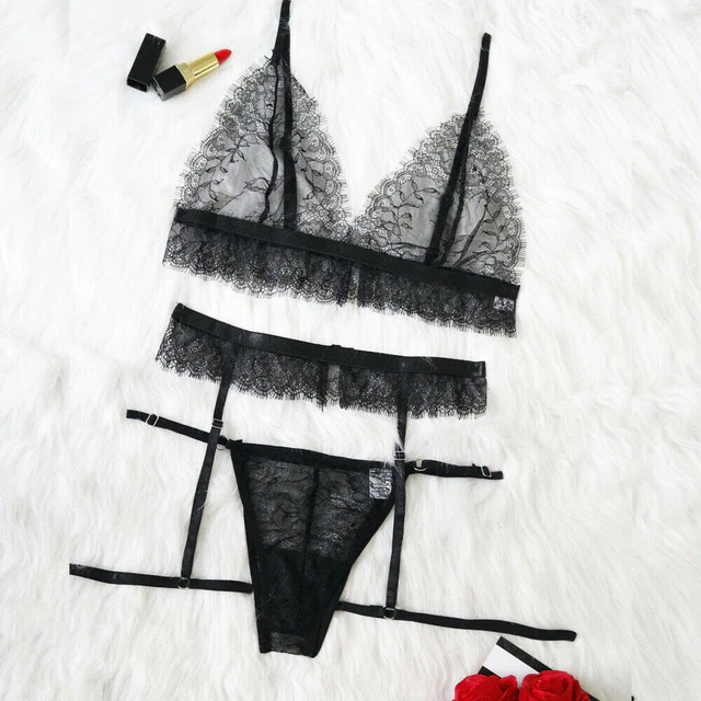 Women Sexy  Lace Lingerie Babydoll See-through Wireless Bra Set