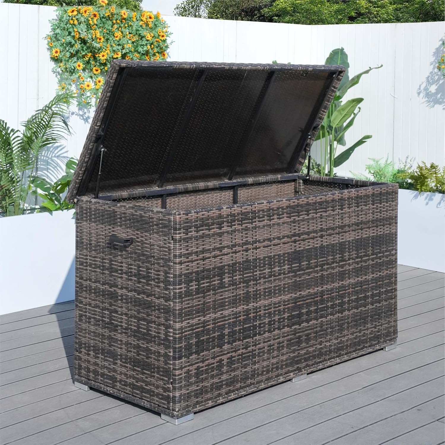 160 Gallon Wicker Deck Box Waterproof Outdoor Storage with Aluminum Frame, Brown Patio Furniture Storage for Cushions, Pillows & Garden Accessories, 66.93