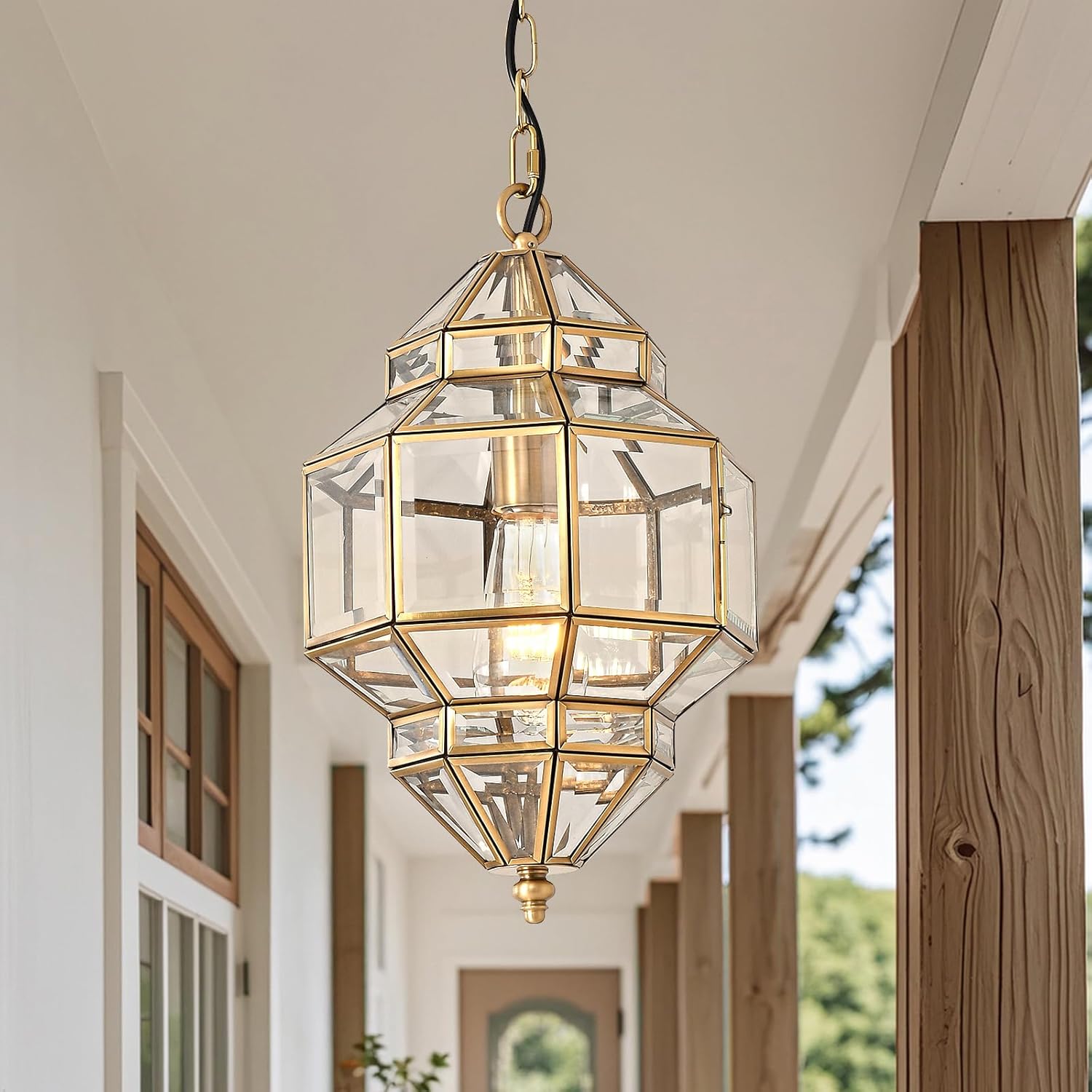 Milaii Copper Outdoor Pendant Lights, Brass Exterior Light Fixtures Waterproof Hanging Lantern Porch Lighting with Clear Glass Outdside Chandelier for Patio Kitchen Dining Room Entryway