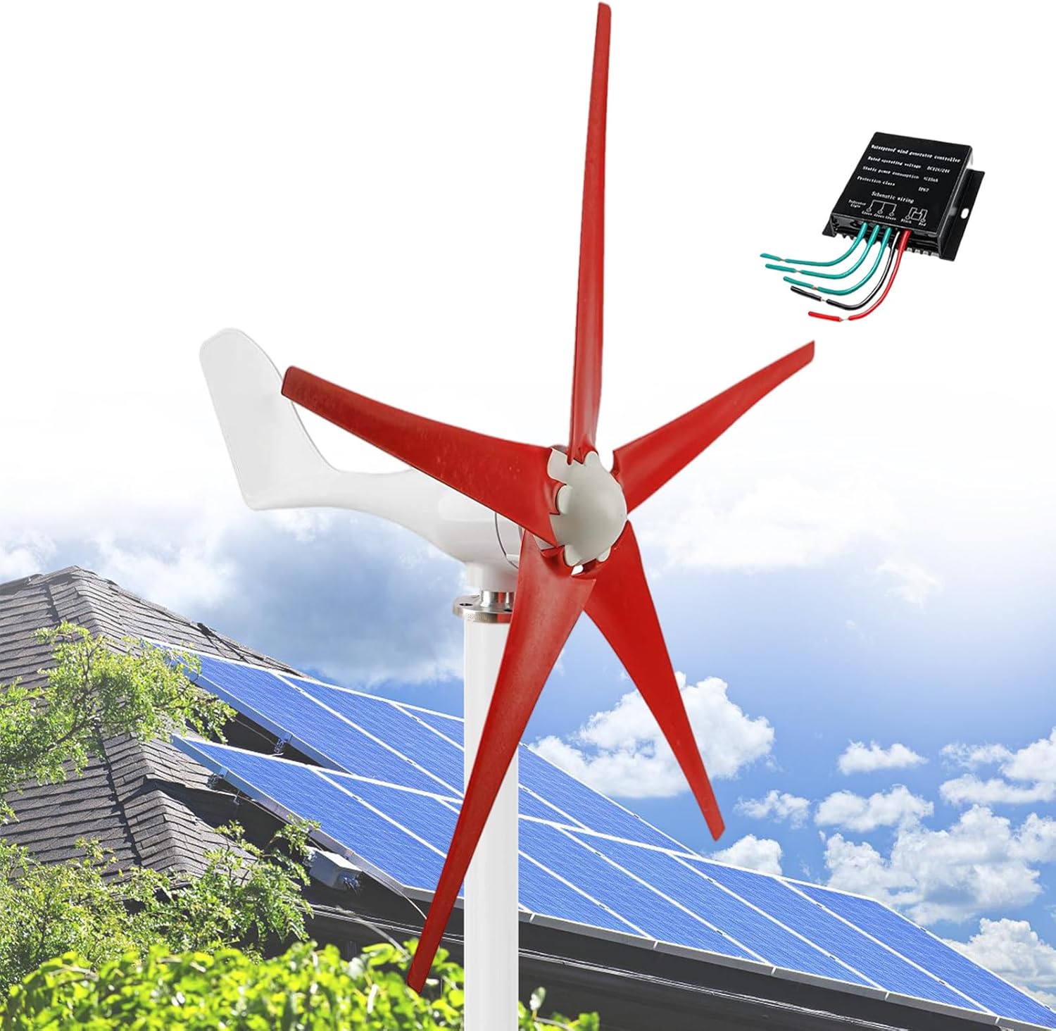 12000W Windmill Generator 5 Blade Small Wind Turbines Kit Industrial Energy Equipment, 3 Phase AC Permanent Magnet Generator with MPPT Controller for Marine Home Charging,Red12V