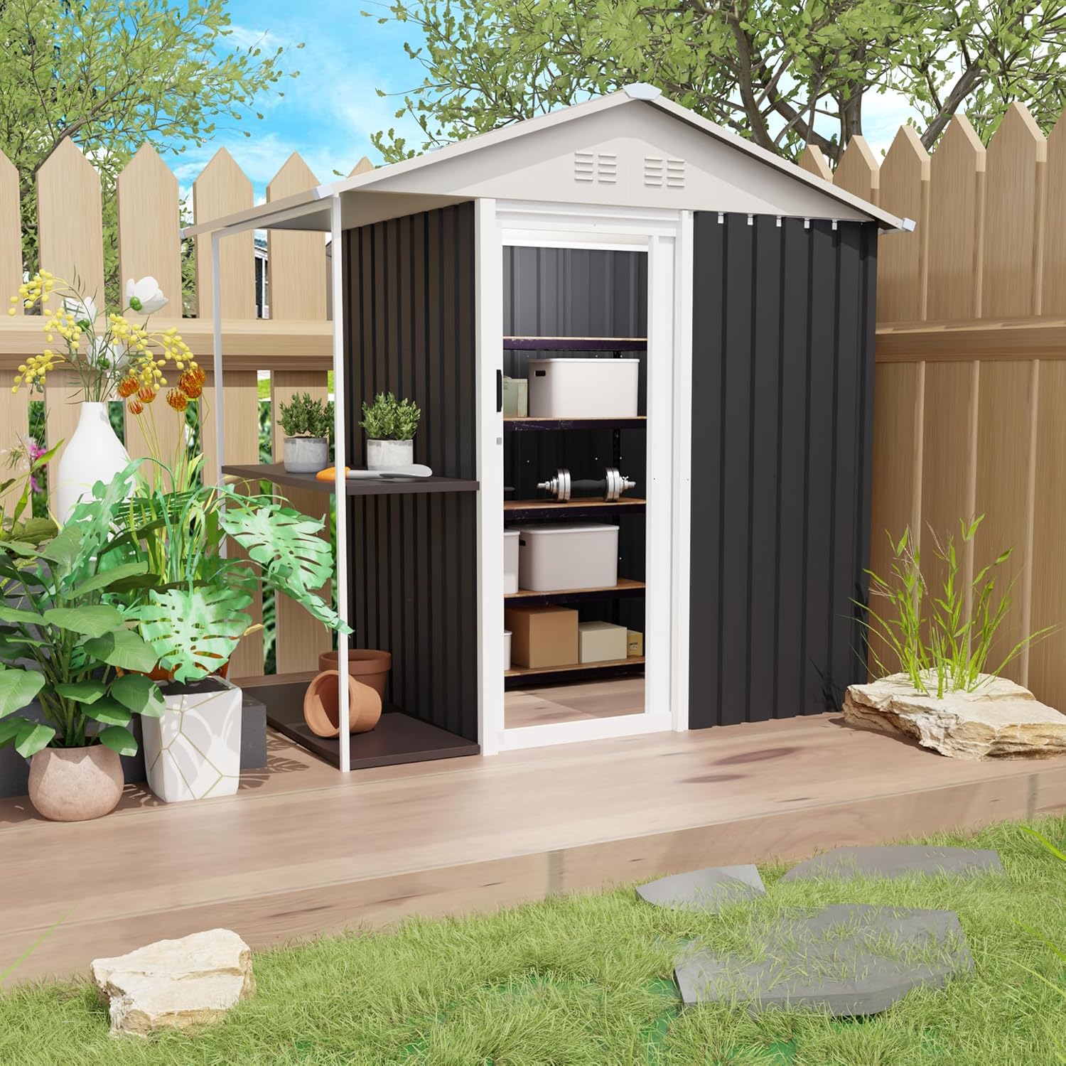 KEIKI 6x4 FT Outdoor Storage Shed with Rack, Metal Garden Shed with Storage Shelves, Bike Storage Tool Cabinet Box for Lawn, Backyard, Patio