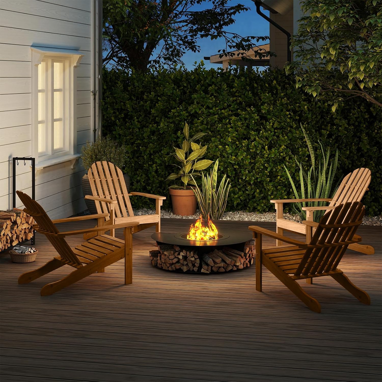 Tangkula Outdoor Adirondack Chair, Solid Acacia Wood Fire Pit Chair with Inclined Backrest, Curved Seat & Wide Armrests, Wooden Lawn Chair for Porch, Patio, Garden, Backyard, Deck (4, Natural)