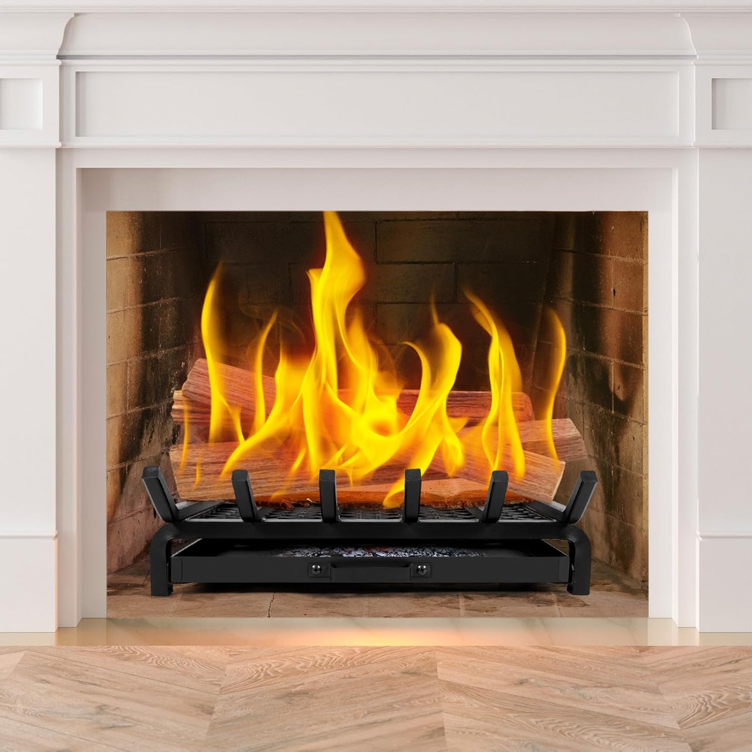 Fireplace Grate 20 Inch- Wood Stove Fireplace Log Grates with Ember & Ash Trays Pan, Heavy Duty Wrought Cast Iron Rack Holder Pit for Indoor Outdoor Chimney Hearth