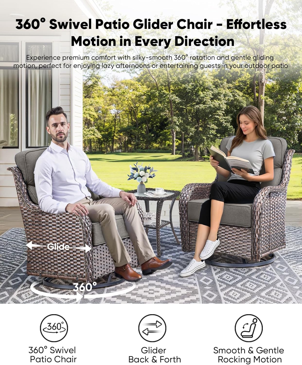 HUMMUH 6 Pieces Patio Furniture Set with Fire Pit High Back Outdoor Furniture Set 6-inch Cushions Wicker Patio Swivel Rocker Chairs for Balcony Garden,Lawn,Deck