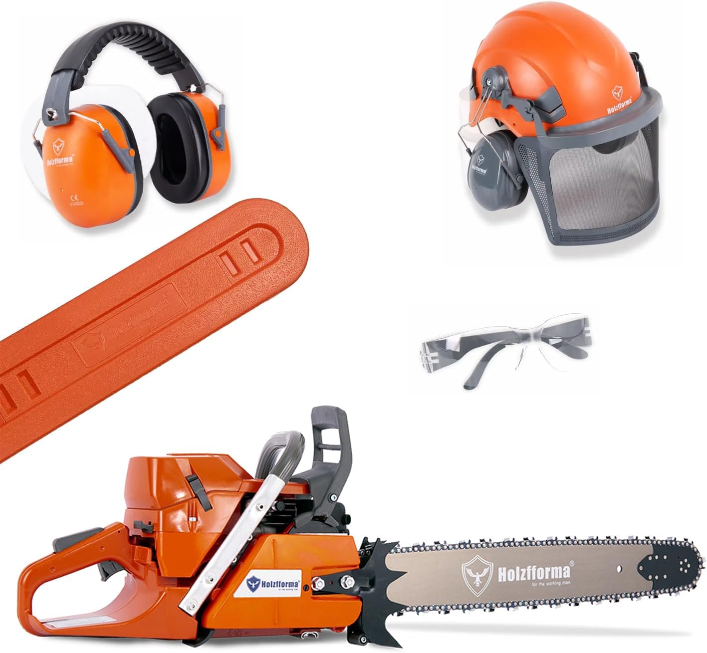 Holzfforma 71CC G372 Chainsaw Power Head with 20inch Guide Bar Saw Chain Cover Scabbard Headband Padded Hearing Protector Helmet Protective Hard Hat Glasses