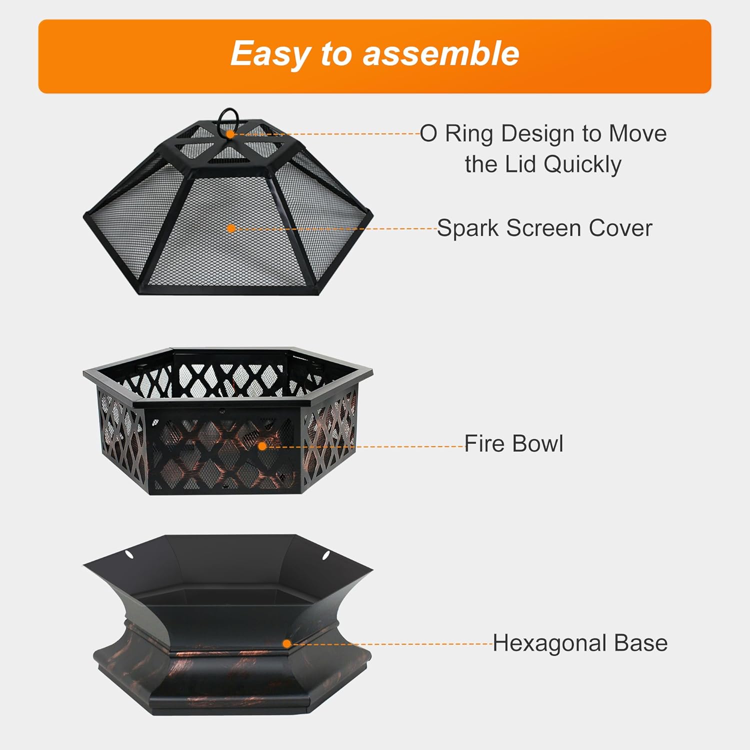 F2C 24 Inch Hex-Shaped Fire Pit with Fire Picker Outdoor Wood Burning Bonfire Firebowl Steel Firepit with Spark Screen Lid & Poker for Patio Backyard Garden Beach Camping Picnic