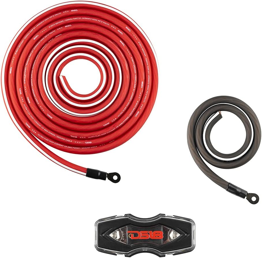 DS18 AMPKIT0 0 Gauge CCA Complete Amp Wiring Kit - Amplifier Install Wiring 1/0 Ga Amp Kit Pro Installation Cables Up to 3500 Watts with ANL Fuse Holder 250A