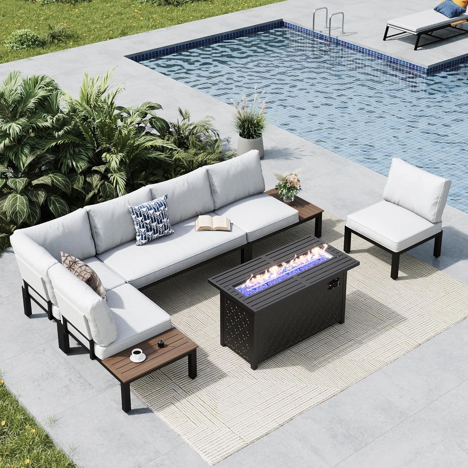 MFSTUDIO 6 Pieces Outdoor Patio Furniture Set with Fire Pit Table, Metal Outdoor Sectional Sofa Conversation Set for Backyard,Garden