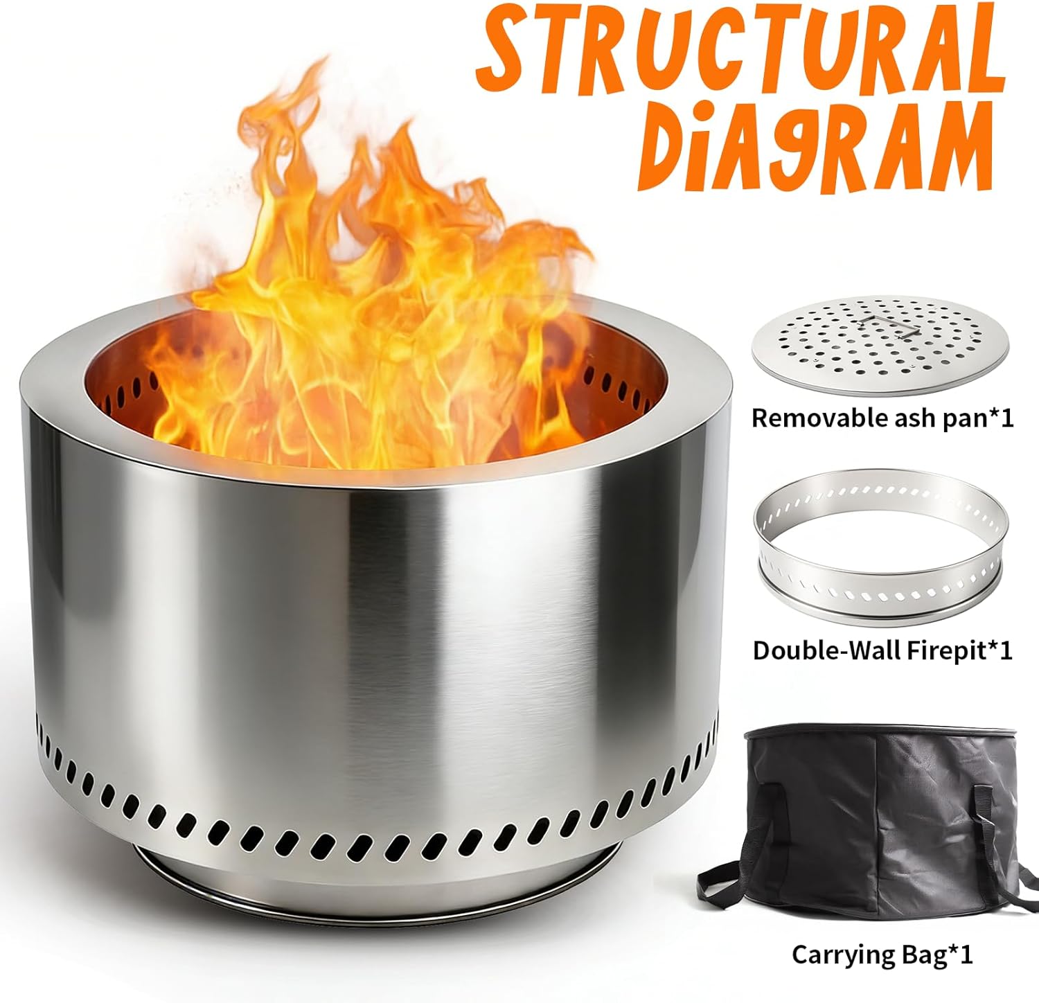19.5 x 14.4 INCH Smokeless Fire Pits for Outside, AmazStove Large Outdoor Wood Burning Fire Pits, Thickened 304 Stainless Steel Firepits, Portable Fire Pit with Carrying Storage, Removable Ash Pan