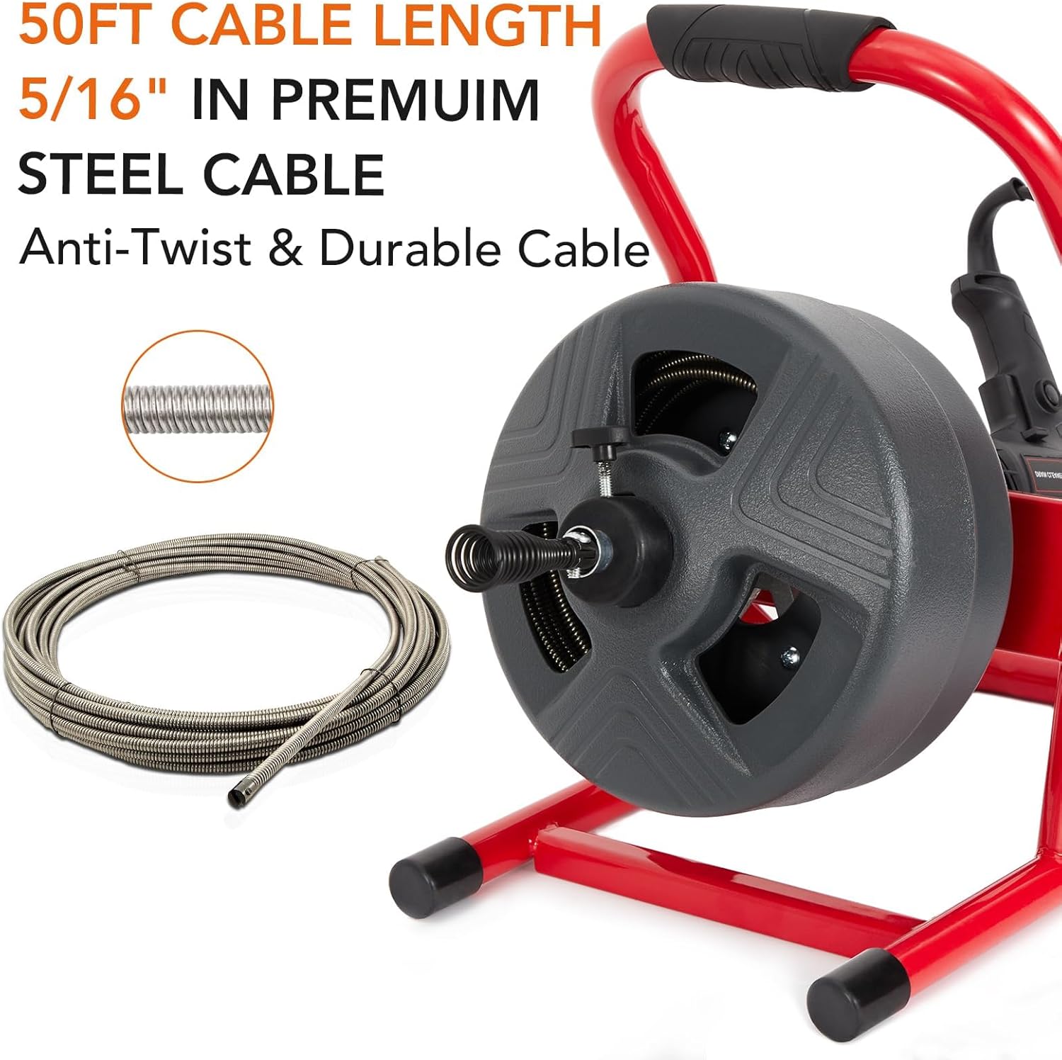 Drain Cleaner Machine 50Ft x 5/16 Inch, Electric Drain Auger Professional, Foot Switch with 6 Cutters, Glove, Drain Auger Cleaner Sewer Snake for 3/4 to 3 Inch Pipes