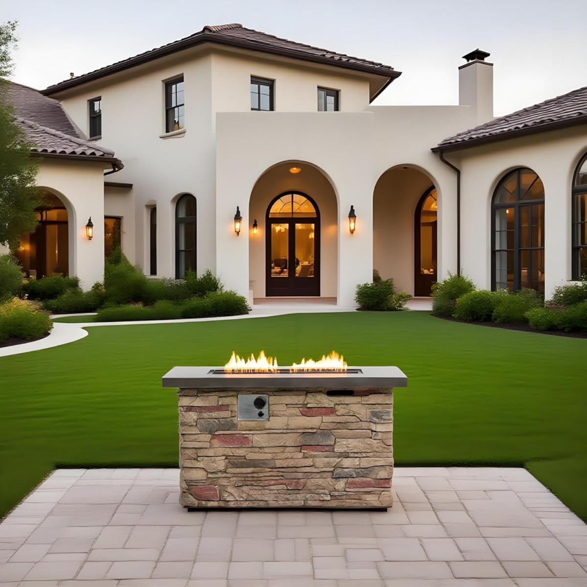 42-inch Rectangular Propane Fire Pit Table, 50000 BTU, Stone-Look Base with Metal Top, Hidden Tank Storage