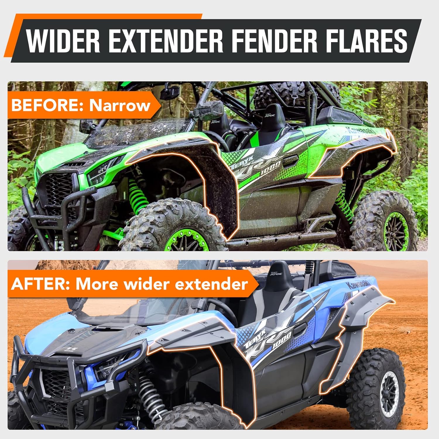 HAKA TOUGH Wider Extended Fender Flares for Kawasaki Teryx KRX 1000 2 Door 2020-2025, Front & Rear XXL Mud Flaps Mud Guards Extension Accessories, Replace OEM # 99994-1324, 8PCS