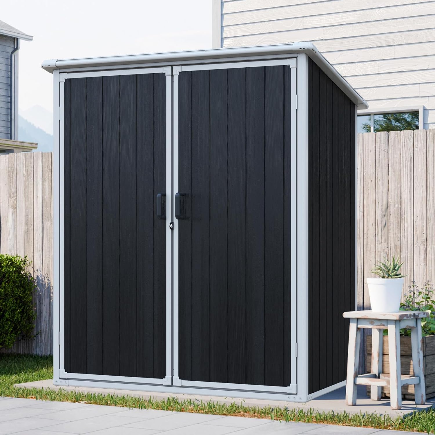 Storage Shed with Floor, 5x3 FT Outdoor Resin Storage Cabinet with Lockable Doors, Waterproof Plastic Shed for Tools, Bike, Patio Furniture, Garden, Backyard, Lawn, Black