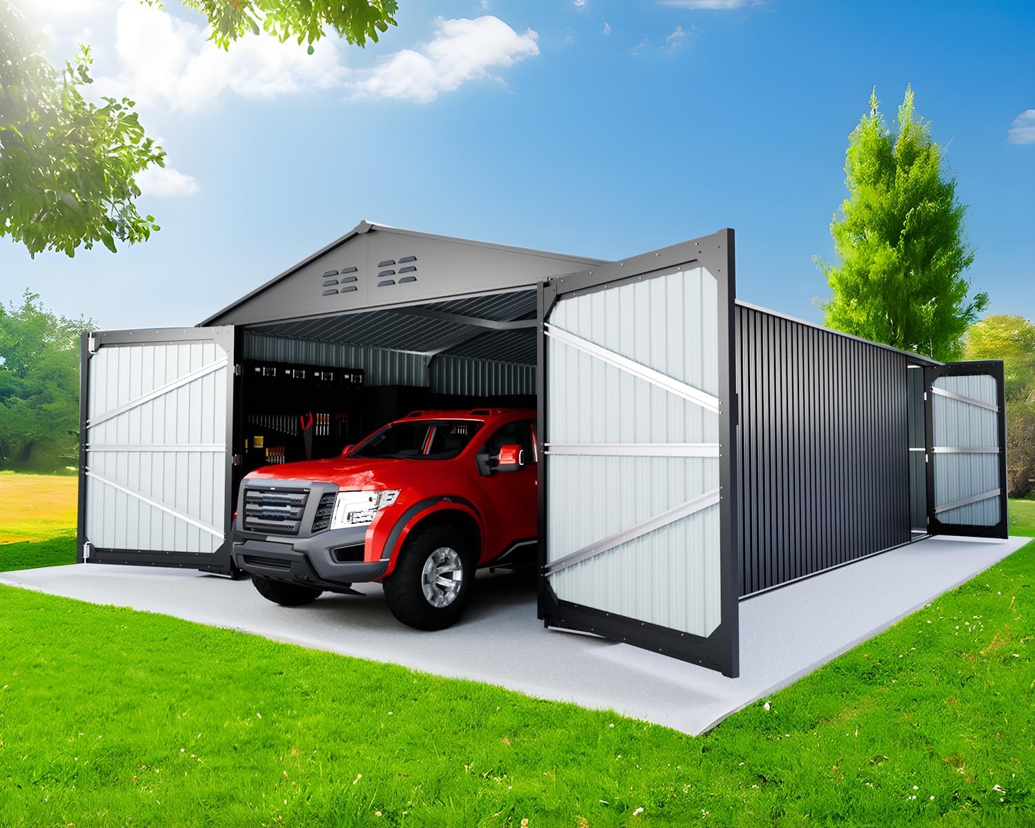 20 x 10 FT Outdoor Storage Shed, Metal Garage Shed with 2 Lockable Doors, Large Metal Building with 4 Air Vents, Galvanized Steel Prefab Storage House for Car, Truck, Bike, Tool, Dark Gray (Upgrade)