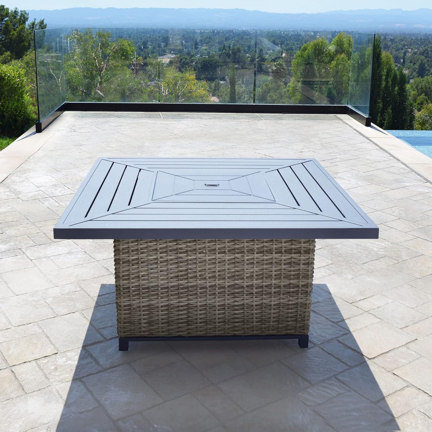 Abbyson Living Corbin Fire Table, Beige Fabric, Beige Frame and Charcoal Top