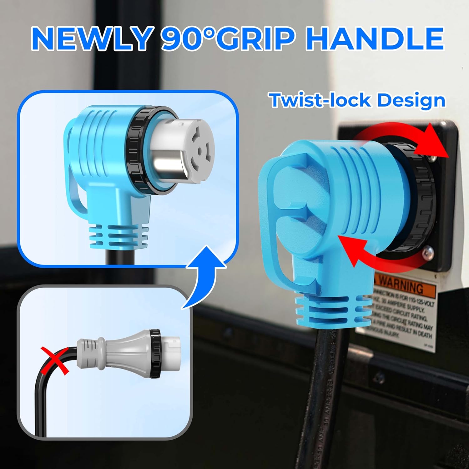 15 Feet 50 Amp RV/Generator Cord, UL Listed, 100% Copper Wire, Newly Designed 90°Grip Handle, NEMA 14-50P to SS2-50R Twist Lock, 6/3+8/1 Gauge STW Wire