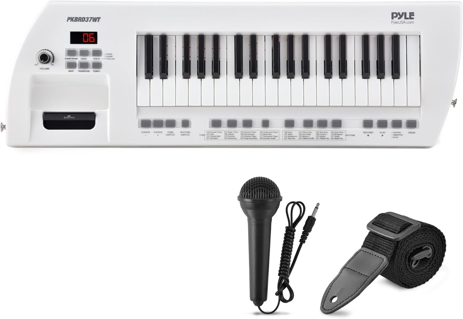 Pyle Portable Piano Keyboard, Compact Design 37 Key Electronic Piano Keyboard & Digital Musical Board with Built-in Rechargeable Battery, Wired Mic, Speakers & Carry Strap, 27.7’’ x 8.8’’, White