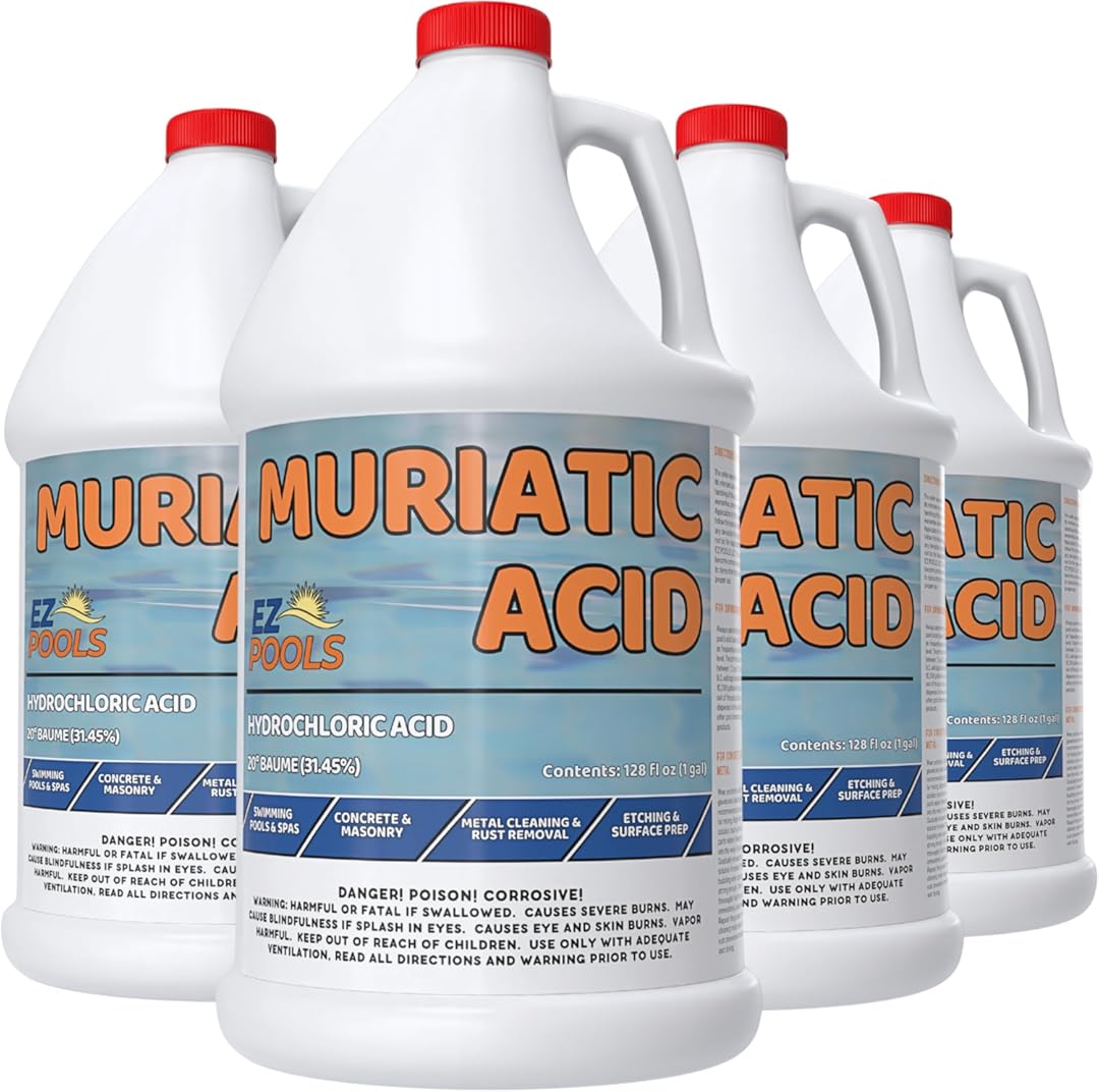 Muriatic Acid for Swimming Pools & Spas – Pack of 4 Gallons, Lowers pH, Muriatic Acid for Pools (HCL), pH Reducer for Water Balancing