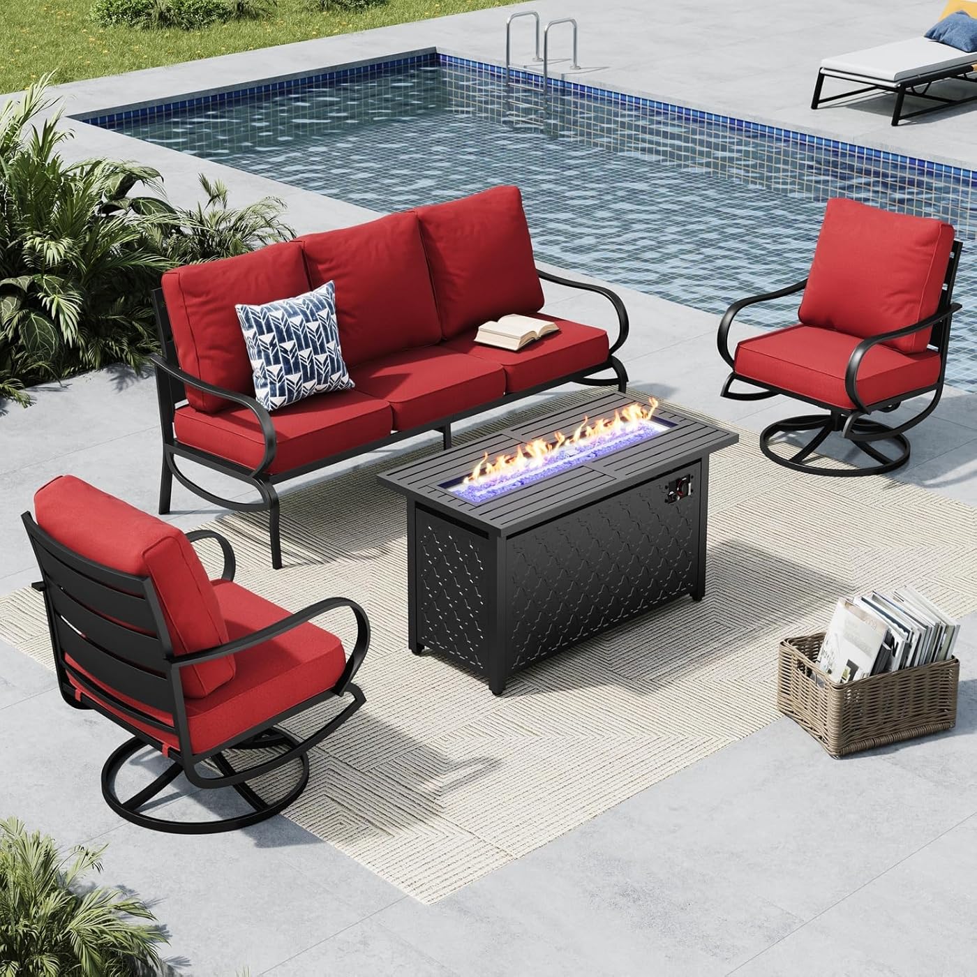 MFSTUDIO 4 Piece Patio Conversation Sets, All Weather Metal Frame Outdoor Furniture Set Patio Sofas with 1 x 45 Rectangular Fire Pit Table,1 x 3-Seat Sofa, 2 x Swivel Chairs, Burgundy Red Cushion