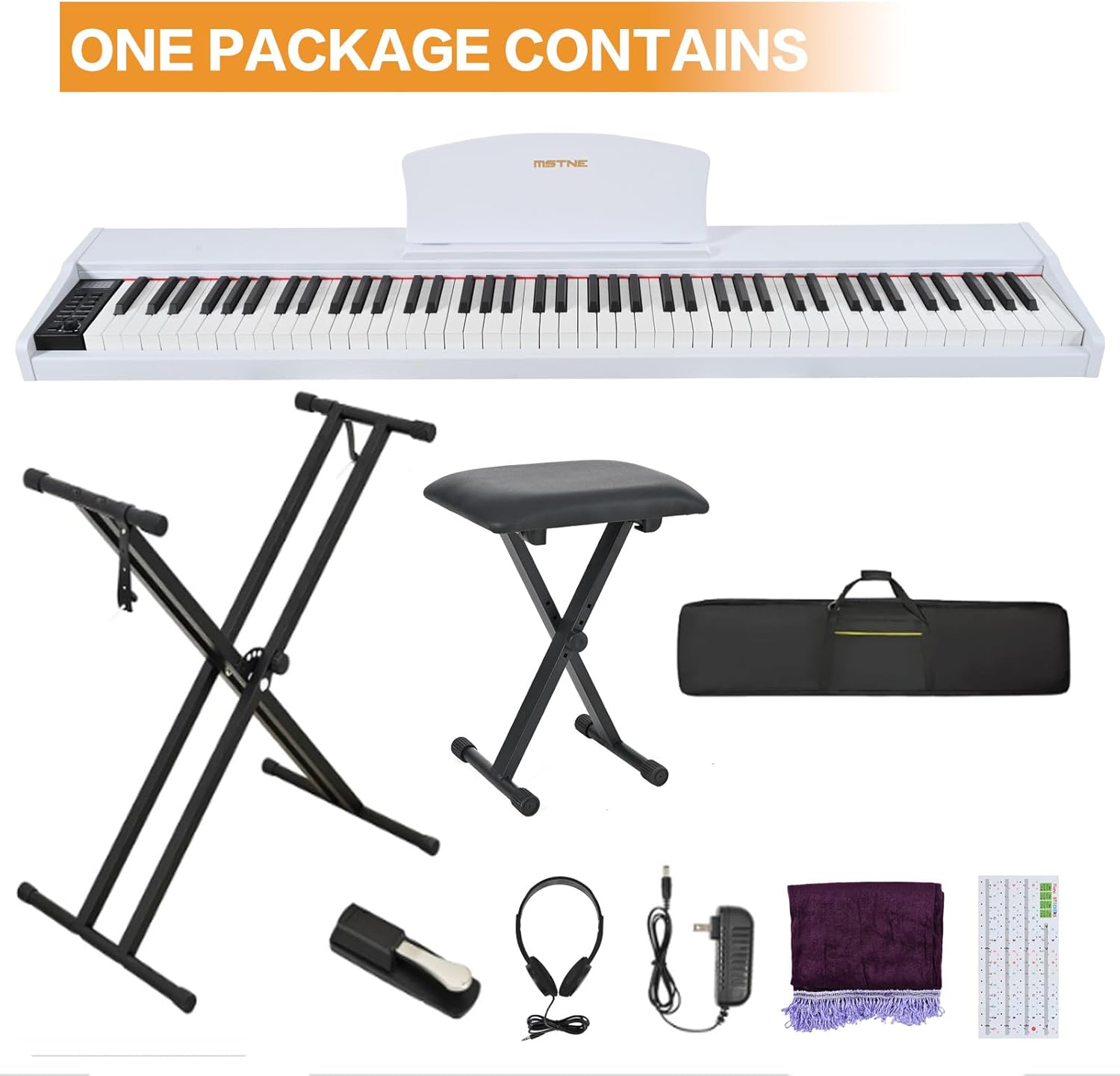 Digital Piano 88 Key Weighted with Piano Bench, 88 Key Full Size Semi Weighted Keyboard Piano, Electronic Piano for Beginner,with Adjustable Stand,Carrying Case,Sustain Pedal,Headphone (White)