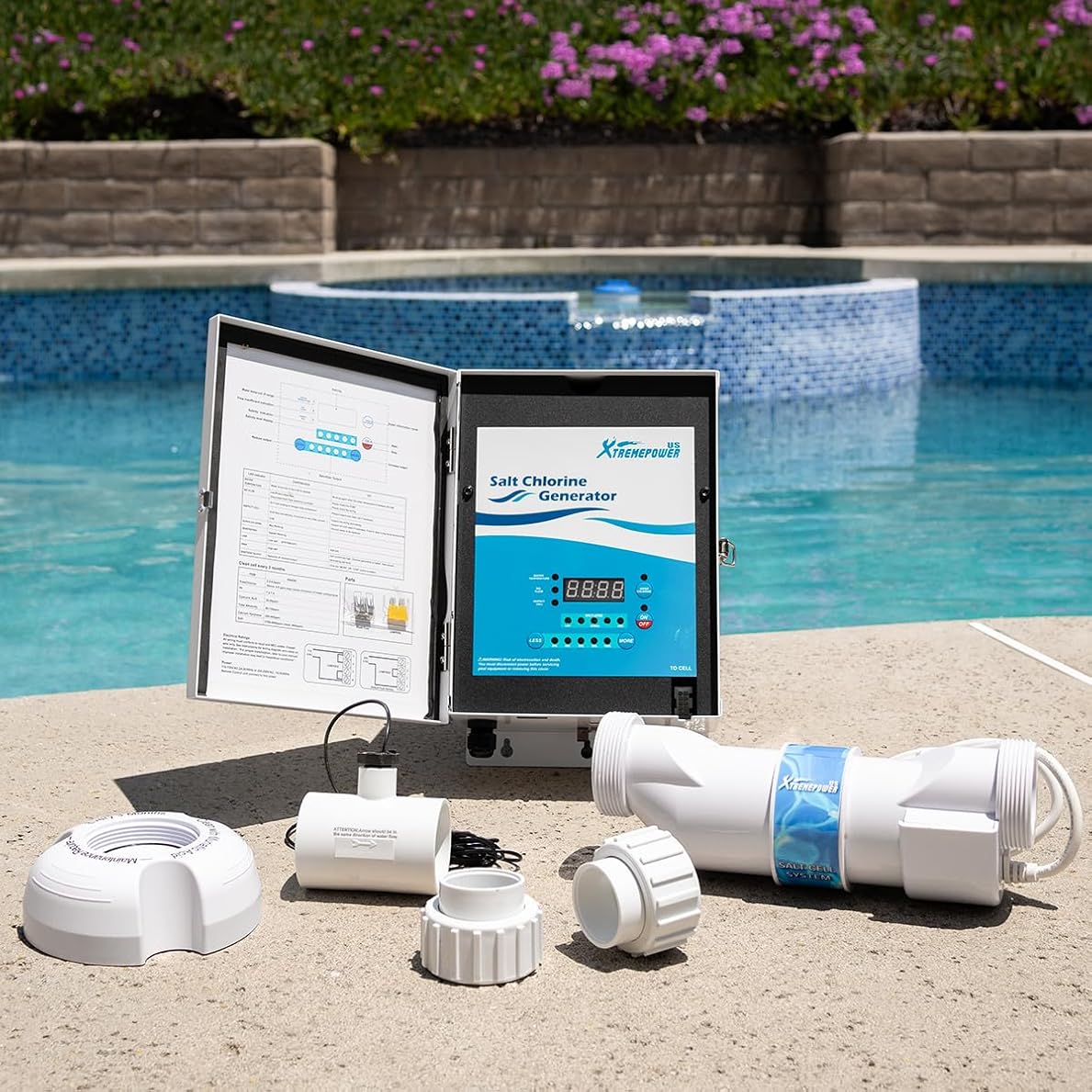 XtremepowerUS Saltwater Pool Chlorine Generator Salt Water Up to 40,000 Gallons Pools Chlorinator Flow Switch 40K Salt Chlorine w/Cleaning Stand
