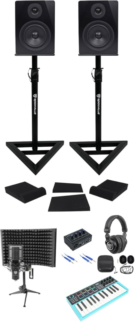 Rockville Bundle: Rockville ROCK-U MINI Computer Recording Interface Bundle with MIDI Keyboard Controller, Studio Mic, Headphones, (2) Speakers, (2) Stands, Mic Shield, (2) Isolation Pads (13 items)