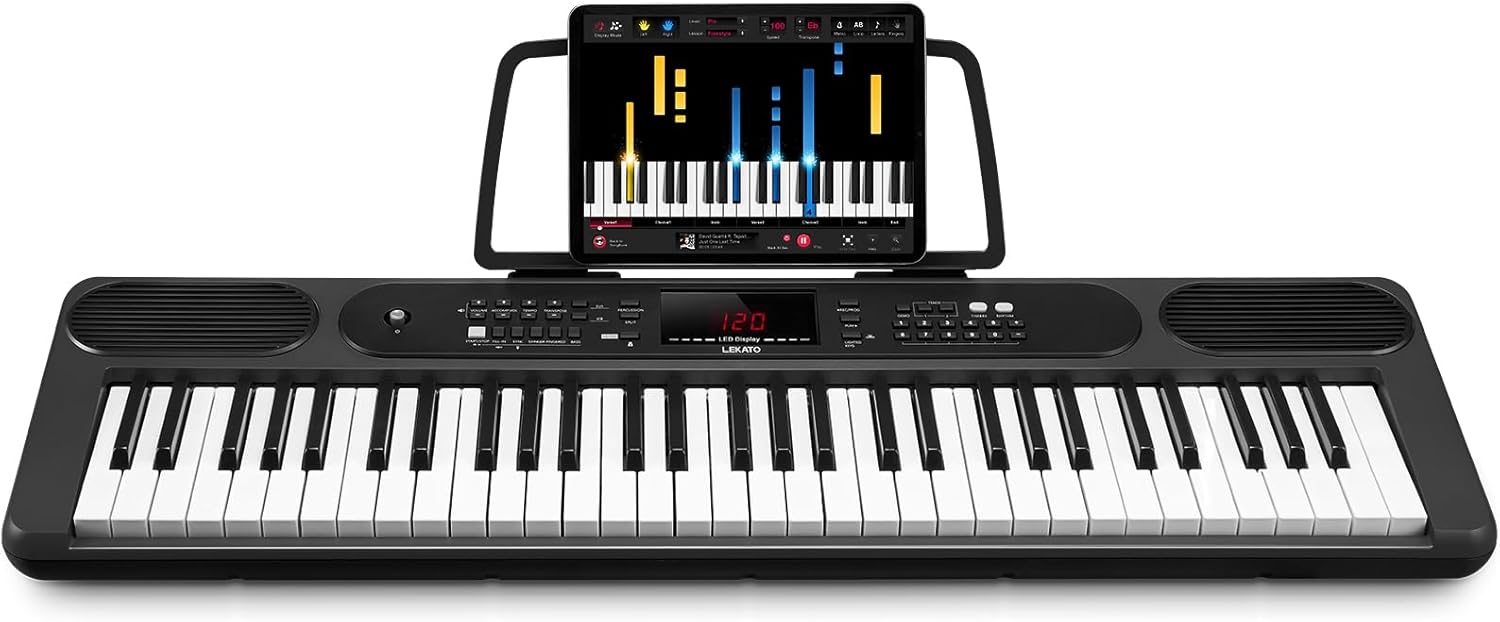 LEKATO 61 Keys Piano Keyboard, Electric Piano with Lighted Keys, 2 Teaching Modes, 300 Timbres & Rhythms, 50 Demo Songs, Vibrato, Synthesis, LED Display and Music Rest, Musician Gift for Beginners
