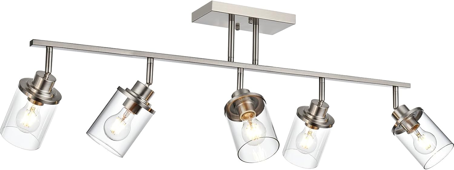 Yaohong 5-Light Brushed Nickel Track Lighting Fixture for Ceiling Mounting Bathroom Vanity Wall Scones with Rotatable Spotlight, Kitchen Track Lighting Fixture with Glass Shade for a Shop Hallway