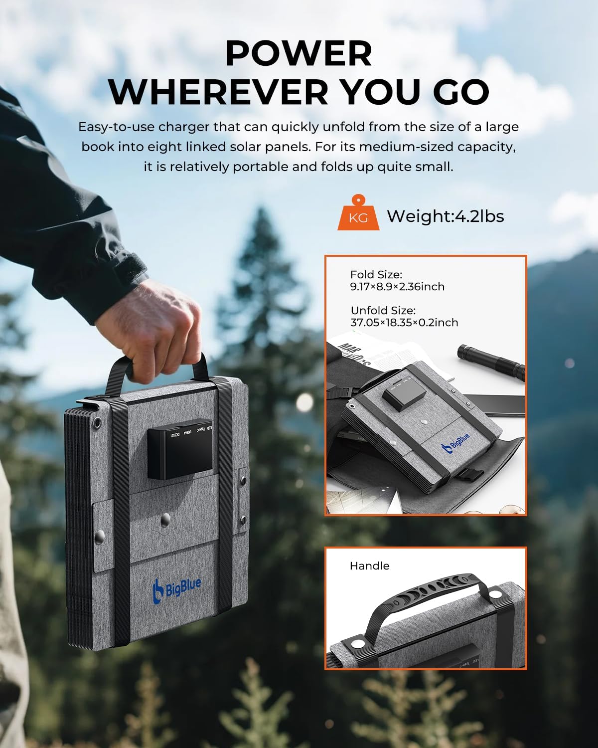 BigBlue 60W Portable Compact Solar Panel with PD 45W USB-C, 20W USB-A, DC Ports for Power Stations, Cellphones, Power Banks, Tablets, IP68 Waterproof, Foldable Camping Solar Charger with Kickstand